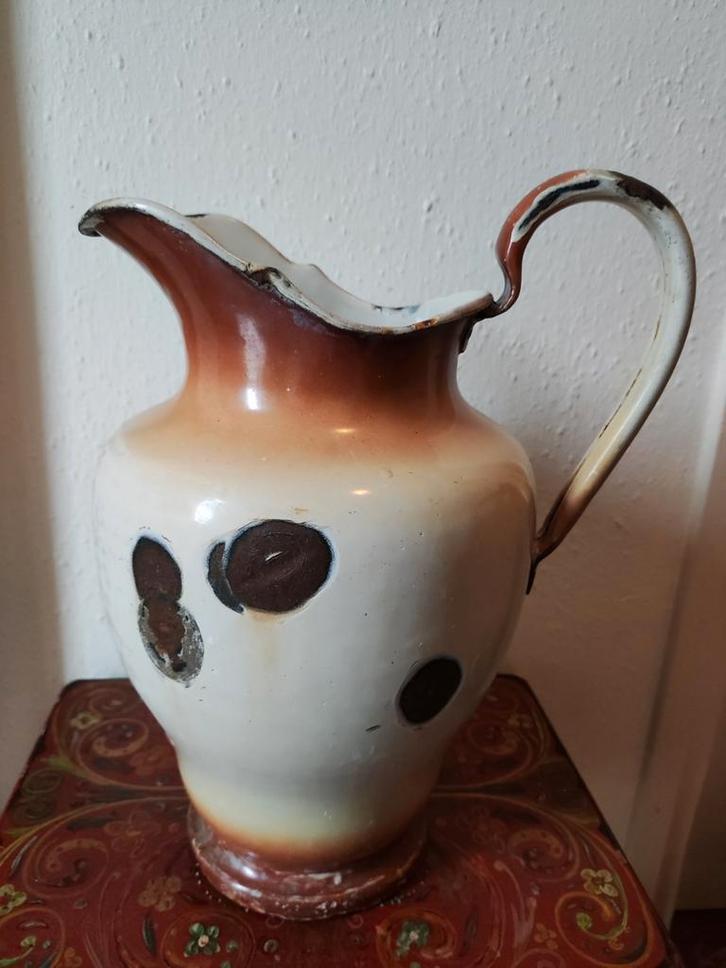 Mooie grote oude aparte emaille kan, Antiek en Kunst, Antiek | Emaille, Verzenden