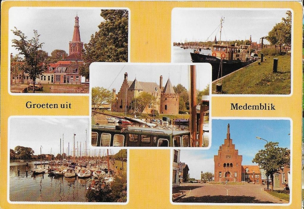 X8 Gelopen ansichtkaart groeten uit medemblik, Ophalen of Verzenden, 1980 tot heden, Gelopen