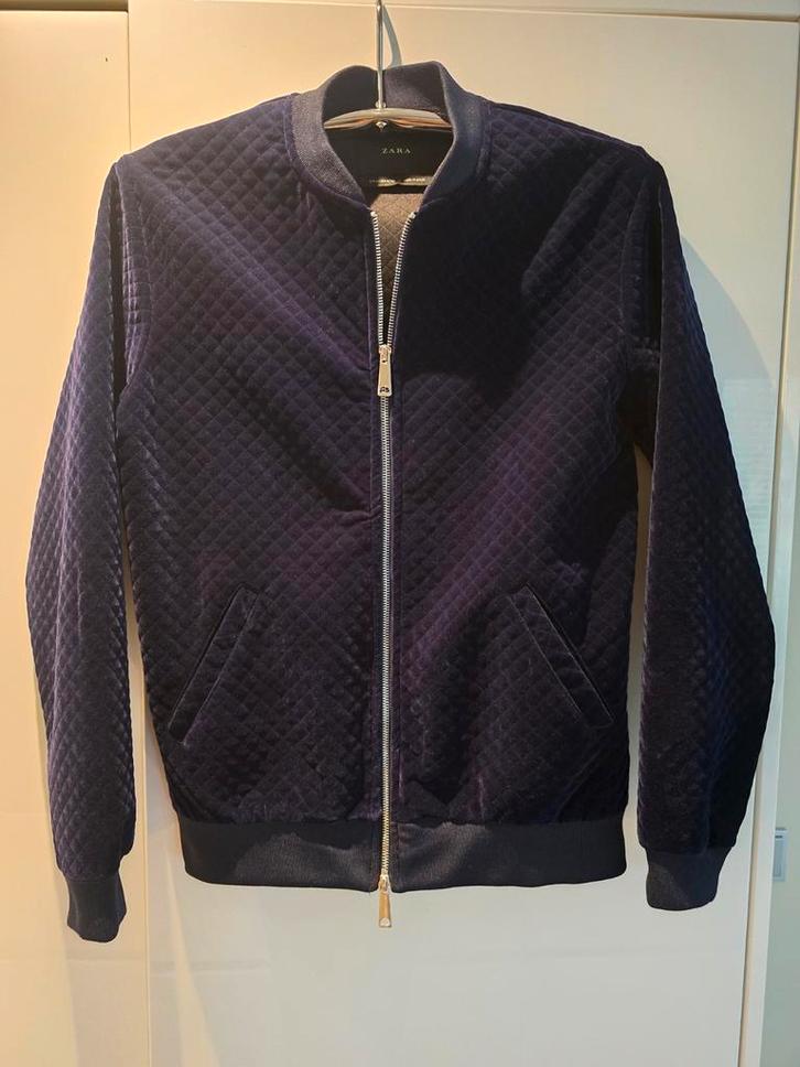 Donkerblauw velours bomberjasje - kerst/O&N!!, Kleding | Heren, Kostuums en Colberts, Zo goed als nieuw, Maat 48/50 (M), Blauw