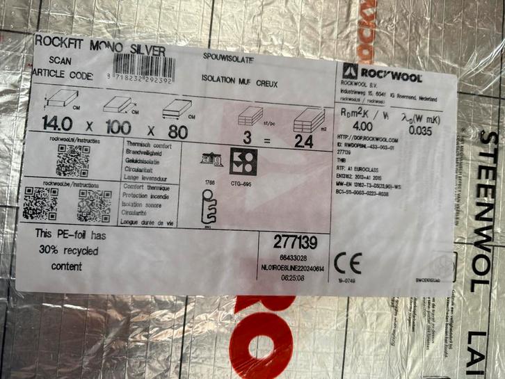 Rockfit Mono Silver Steenwol Isolatie - Nieuw!, Doe-het-zelf en Verbouw, Isolatie en Afdichting, Nieuw, Vloerisolatie, Steenwol