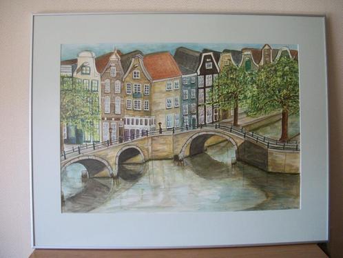 Schilderij Grachtenpanden Amsterdam in Wissellijst - 90 x 70, Antiek en Kunst, Kunst | Schilderijen | Klassiek, Ophalen