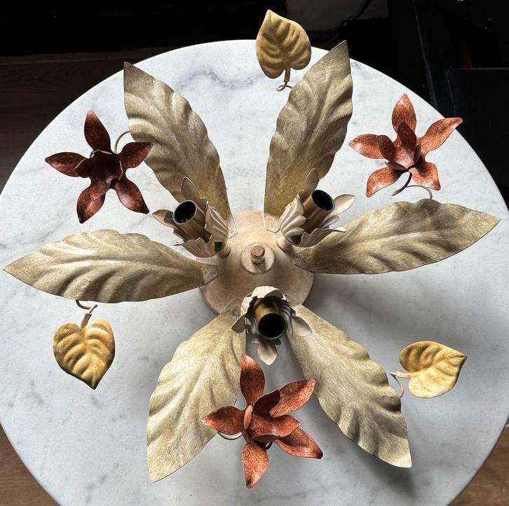 Vintage metalen italiaanse bloem plafoniere plafondlamp blad, Huis en Inrichting, Lampen | Plafondlampen, Metaal, Ophalen of Verzenden