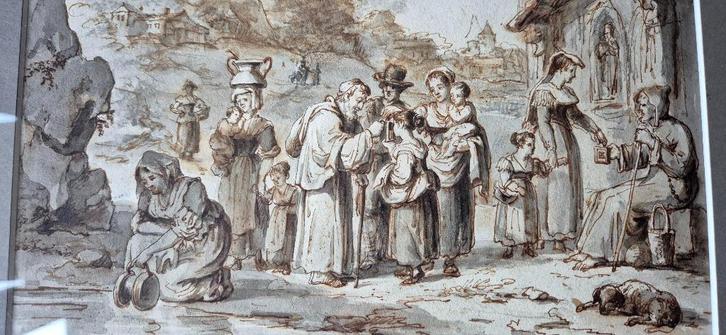 Oude Italiaanse tekening  18e eeuw of ouder, in houten lijst, Antiek en Kunst, Kunst | Schilderijen | Klassiek, Verzenden