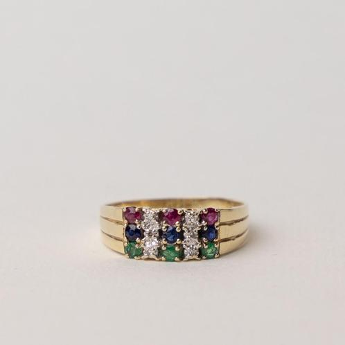 vintage 14 karaat gouden ring met diamant, robijn, smaragd, Sieraden, Tassen en Uiterlijk, Ringen, Zo goed als nieuw, Dame, 17 tot 18