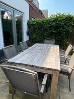 Massief houten teaktafel met 6 stoelen incl. kussen, Ophalen, Gebruikt, 6 zitplaatsen, Teakhout