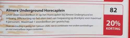 Almere Underground Horecaplein 20% korting, Tickets en Kaartjes, Kortingen en Cadeaubonnen, Drie personen of meer, Overige typen