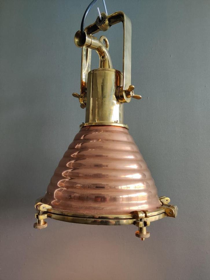 Meerdere grote (37 x 45cm)koper/messing scheepslichten. 1960, Huis en Inrichting, Lampen | Hanglampen, Gebruikt, Minder dan 50 cm