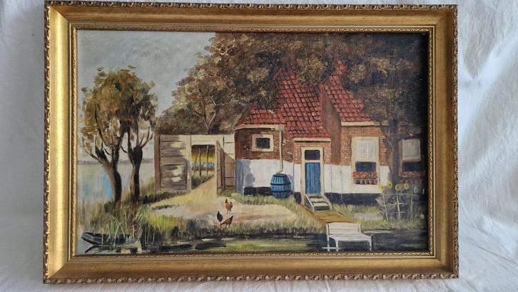 Schilderij olieverf op doek Boerderij aan water+kippen SCH36, Antiek en Kunst, Kunst | Schilderijen | Klassiek, Ophalen of Verzenden