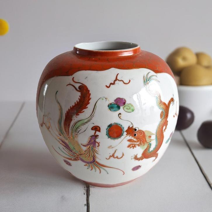 Chinees oranje gemberpot met draak en feniks, Antiek en Kunst, Antiek | Porselein, Verzenden