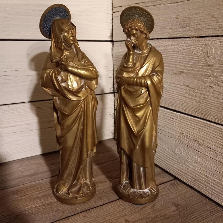 Vergulde bronzen beelden, Maria en Johannes bij de calvarie., Antiek en Kunst, Antiek | Religie, Ophalen of Verzenden