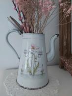 Brocante witte emaille kan Art Deco roze paarse bloemen., Ophalen of Verzenden