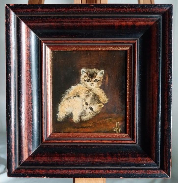 Miniatuur - Poezen - Monogram - Paneel, Antiek en Kunst, Kunst | Schilderijen | Klassiek, Ophalen of Verzenden