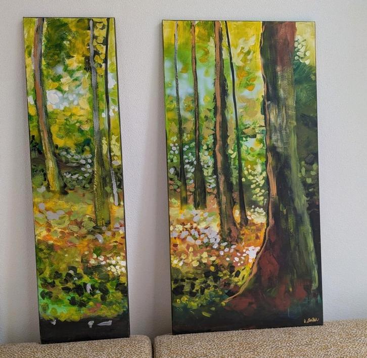 Tweeluik - 2 schilderijen, 110 cm hoog - Bos - Gesigneerd, Antiek en Kunst, Kunst | Schilderijen | Abstract, Ophalen