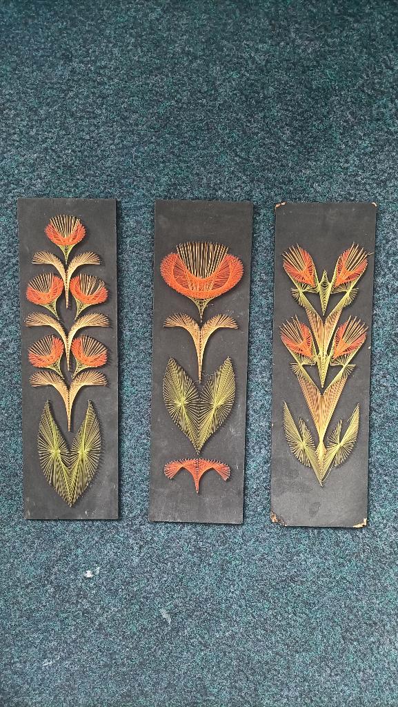 Vintage wanddecoratie (draadschilderij). Drieluik van draad, Huis en Inrichting, Woonaccessoires | Wanddecoraties, Gebruikt, Ophalen of Verzenden