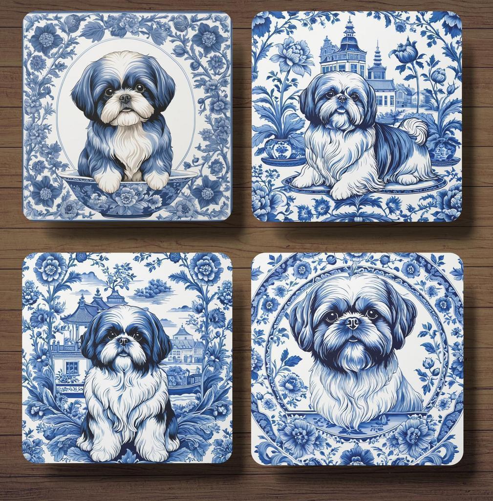 Shih-Tzu Delfts Blauw onderzetters met houder, Ophalen of Verzenden, Nieuw, Glas of Kopje