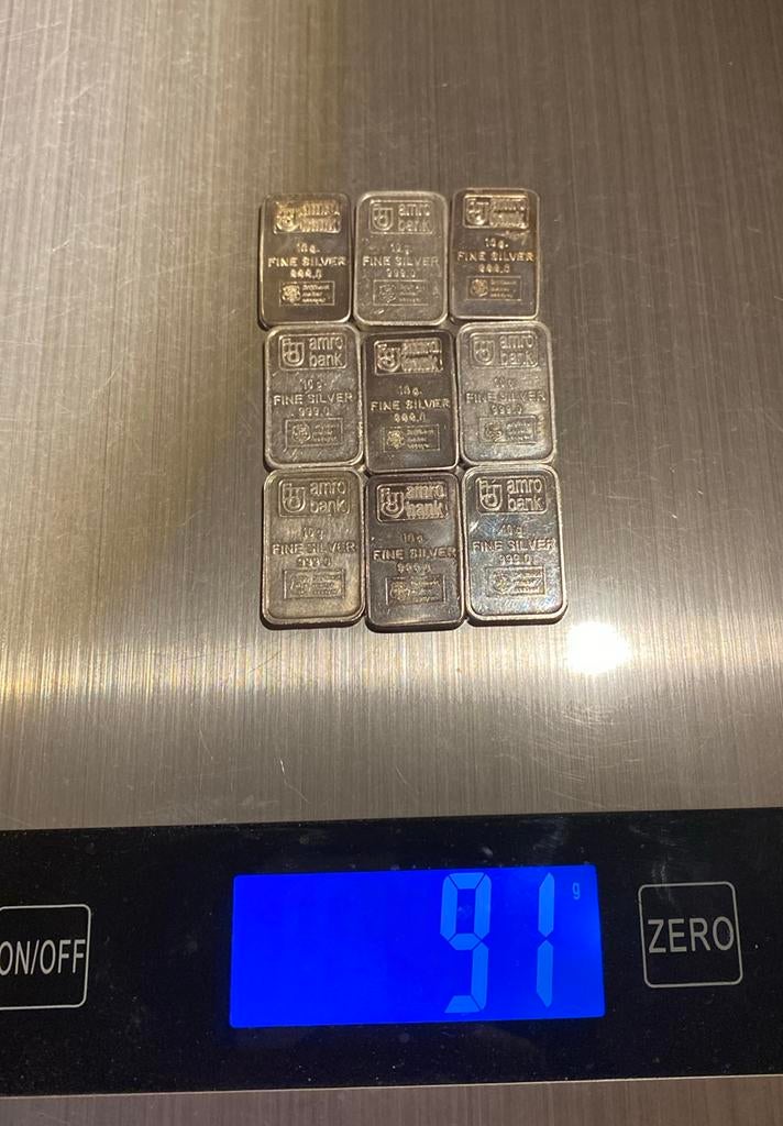 9x 10 gram zilver AMRO - drijfhout, Postzegels en Munten, Edelmetalen en Baren, Ophalen of Verzenden, Zilver