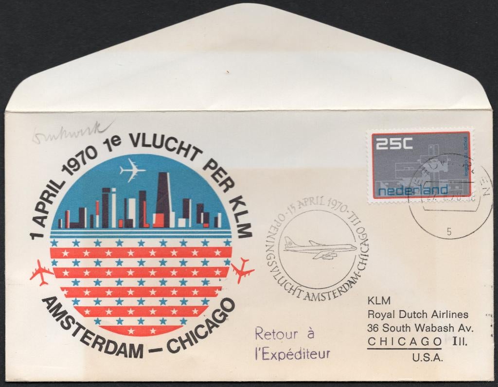 1e KLM vlucht Chicago USA 1970, Verzenden, Envelop