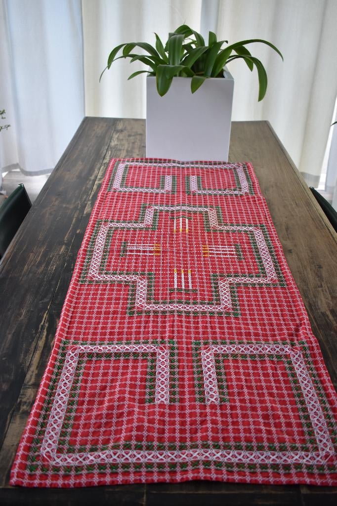 Vintage tafel kleed rood geel groen wit jaren 70, Ophalen of Verzenden, Gebruikt, Rechthoek