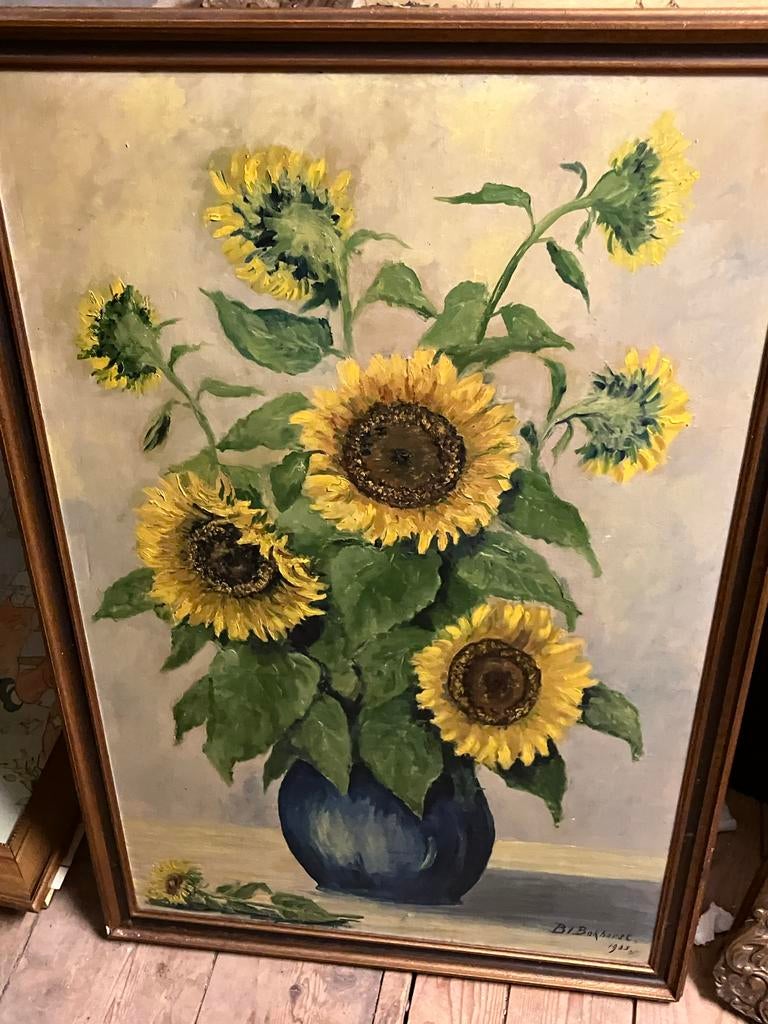 Oud Schilderij: Zonnebloemen in Vaas, gesigneerd B. Bokhorst, Ophalen of Verzenden