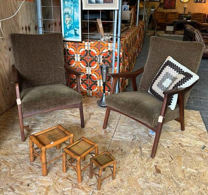 2 vintage teak houten groene fauteuils/ stoelen, prijs p/s, Ophalen, Minder dan 75 cm, Vintage, ?