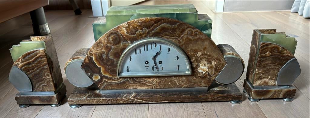 Art Deco marmeren klok met 2 boekensteunen, Antiek en Kunst, Ophalen of Verzenden