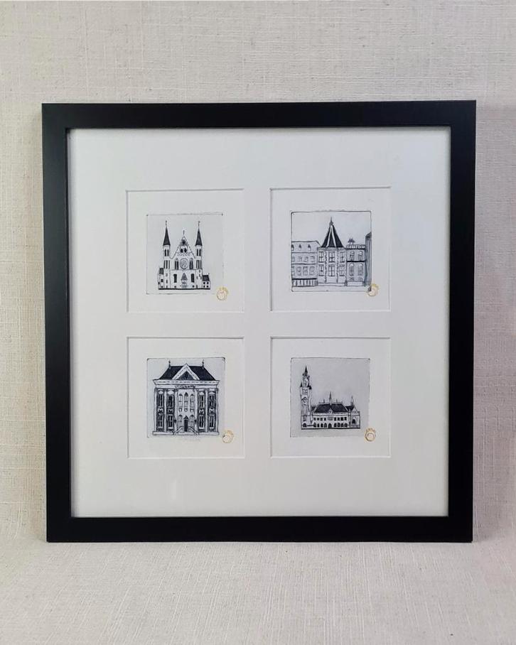 Vierluik etsjes Den Haag 30x30 cm incl. lijst, Huis en Inrichting, Woonaccessoires | Schilderijen, Tekeningen en Foto's, Nieuw