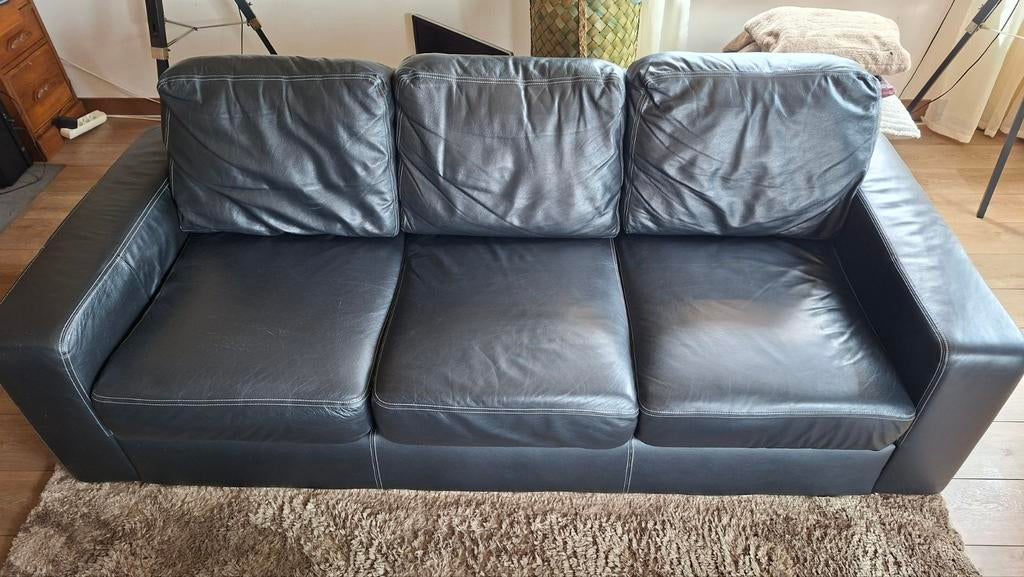 Zwarte 3 zits zwaar leren bank (echt leer), Ophalen, Gebruikt, Driepersoons, 200 tot 250 cm