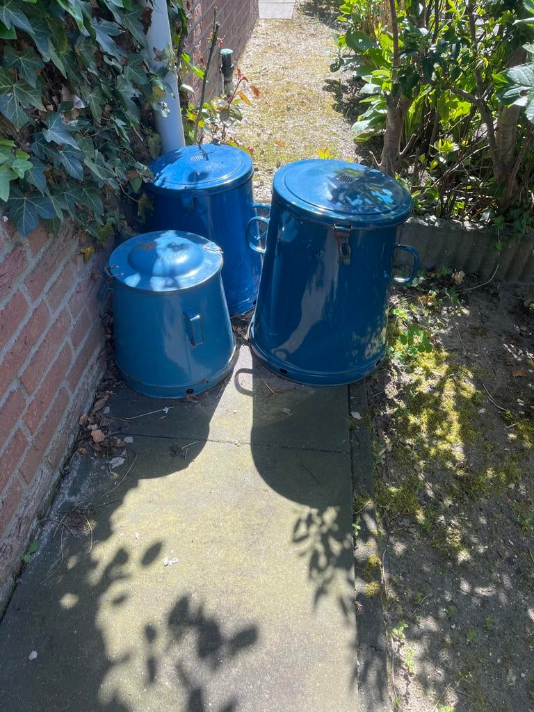 Set van 3 vintage blauwe emaille emmers/potten, Antiek en Kunst, Antiek | Emaille, Ophalen