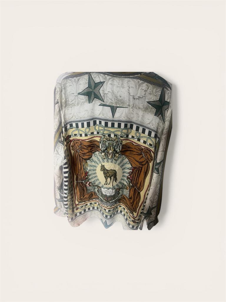 Zeldzaam Archief Viscose Shirt: "Cavallo Chi Legge" Print, Ophalen of Verzenden, Gedragen, Maat 38/40 (M), Overige kleuren