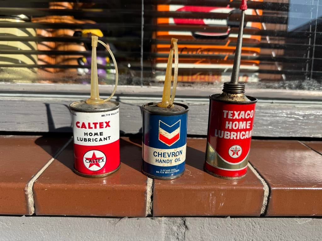 Vintage olieblikjes: Caltex, Chevron, Texaco (set van 3), Verzamelen, Gebruikt, Gebruiksvoorwerp, ., Ophalen of Verzenden