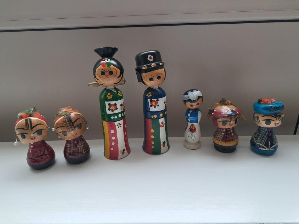 Vintage kokeshi pop poppen houten bobblehead wiebelpop, Ophalen of Verzenden, Gebruikt