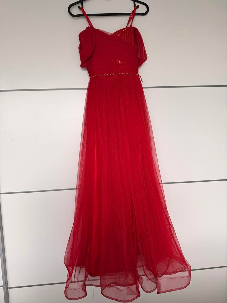 Rode galajurk met pailletten, Kleding | Dames, Jurken, Gedragen, Maat 34 (XS) of kleiner, Rood, Onder de knie, Ophalen of Verzenden