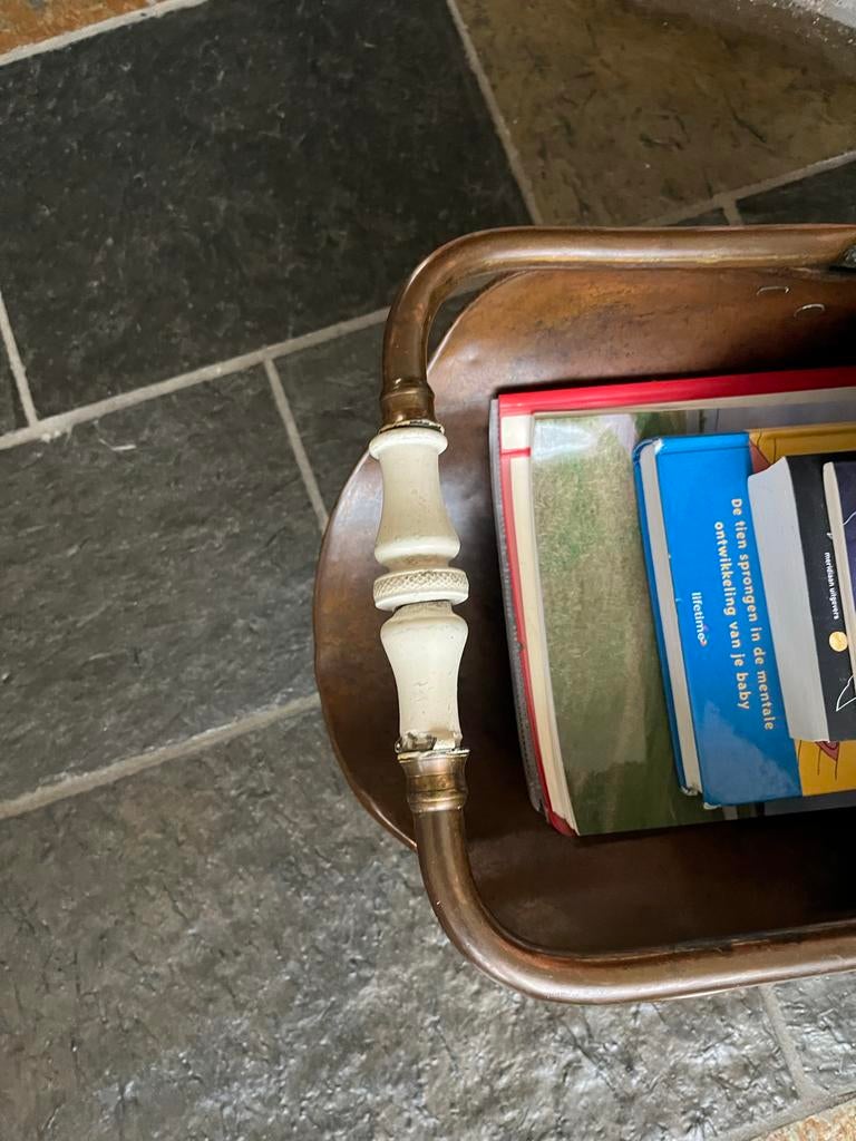 Antieke Koperen Kolenkit met Porseleinen Handvat, Antiek en Kunst, Antiek | Koper en Brons, Ophalen of Verzenden, Koper