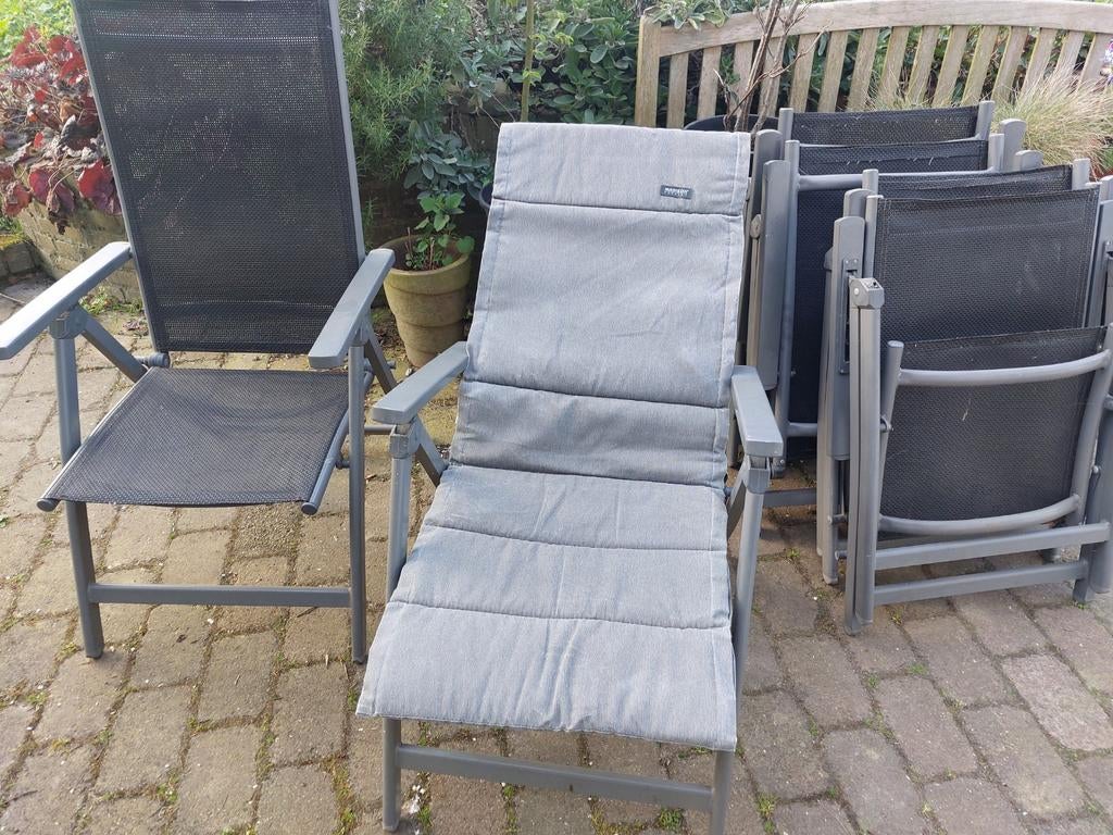 6 verstelbare en inklapbare tuinstoelen met kussens, Tuin en Terras, Ophalen, Gebruikt, Kunststof, Verstelbaar