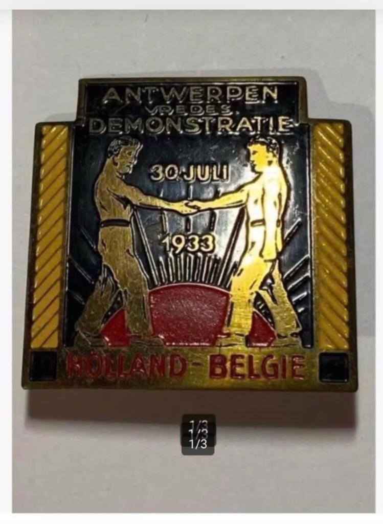 Penning Speld Antwerpen Holland Belgie 1933 vredesdemonstr., Postzegels en Munten, Penningen en Medailles, Ophalen of Verzenden
