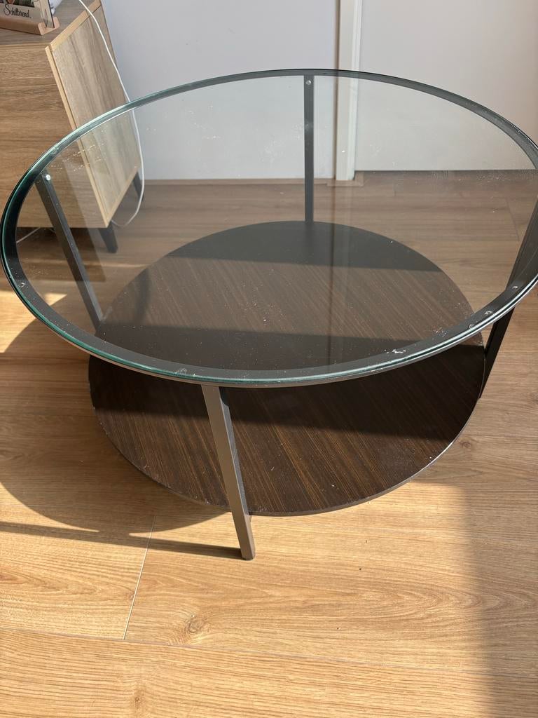 Glazen salontafel met donkerbruine onderplank, Gebruikt, Rond, Glas, Minder dan 50 cm