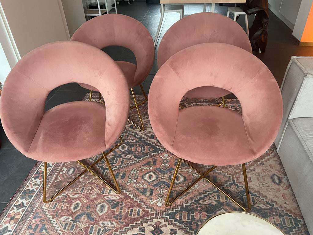 4x Velvet Roze Stoelen met Gouden Poten - Gratis, Huis en Inrichting, Stoelen, Ophalen, Gebruikt, Overige kleuren, Vier