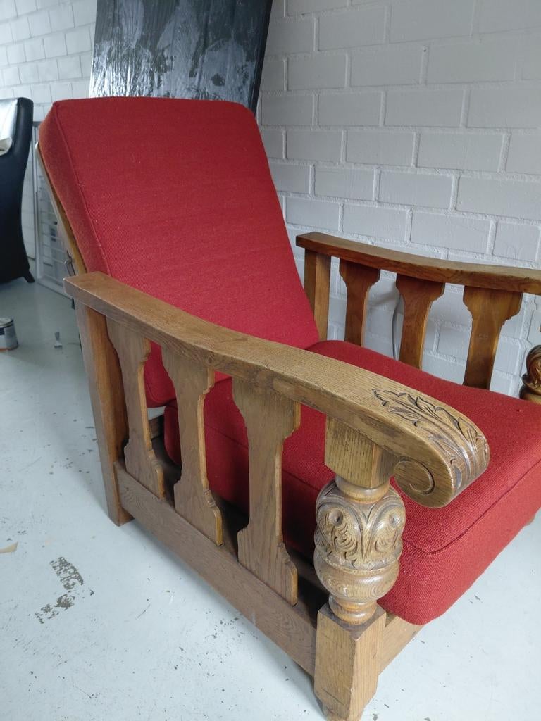 Houten rokersstoel met roestrode kussens, Ophalen
