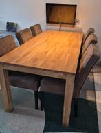 Eettafel met 6 leren Woood stoelen, Ophalen, Gebruikt, Degelijk, Eikenhout