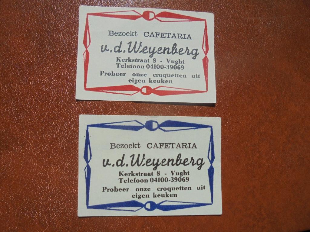 2 oude lucifermerken Cafetaria v.d. Weijenberg in VUGHT, Ophalen of Verzenden, Zo goed als nieuw, Luciferdoosjes of -merken