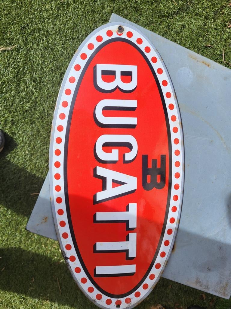 Vintage Bugatti Emaille Reclamebord - Ovaal, Ophalen of Verzenden, Gebruikt