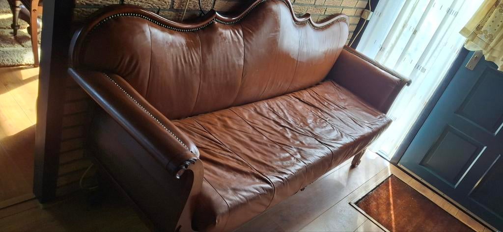 Vintage Leren Bank met Houten Details - 2-3 Zits, Huis en Inrichting, Ophalen, 150 tot 200 cm, Driepersoons, 75 tot 100 cm