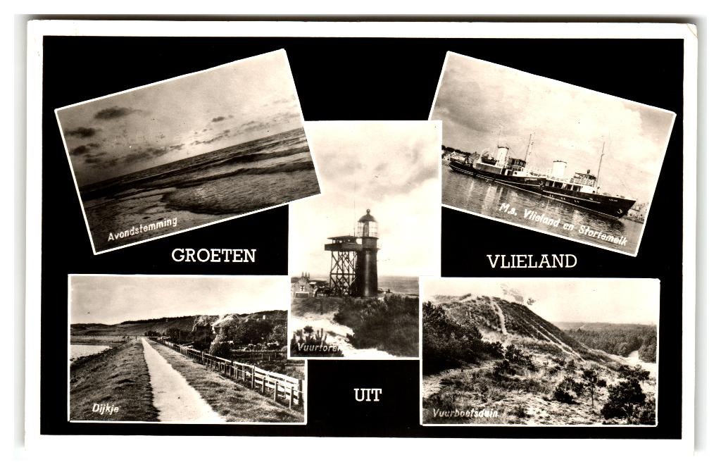 Vlieland, Groeten uit Vlieland. Opruimingskaart, Verzenden, 1940 tot 1960, Gelopen, Waddeneilanden