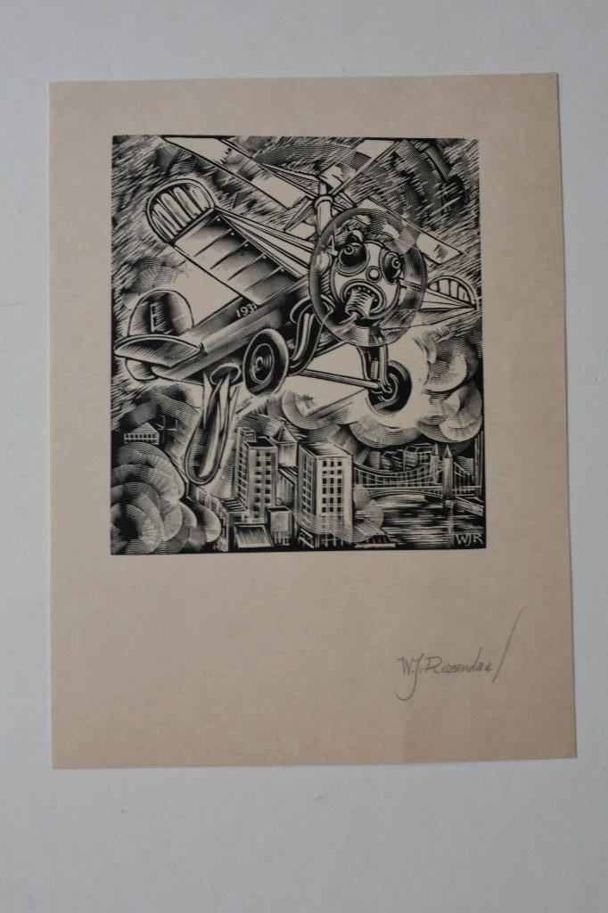 W.J. ROZENDAAL AUTOGYRO DRONE VLIEGTUIG HOUTSNEDE 1931 R8, Antiek en Kunst, Kunst | Etsen en Gravures, Verzenden