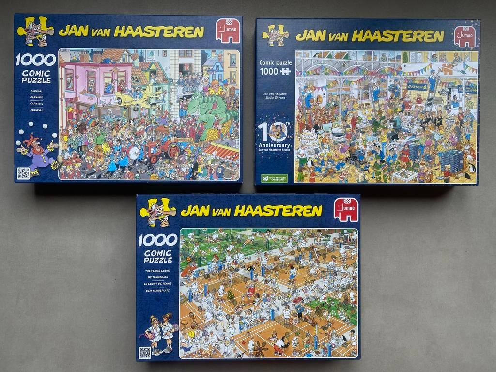 Jan van Haasteren Puzzels 1000, carnaval, studio 10 y,tennis, Ophalen of Verzenden, 500 t/m 1500 stukjes, Gebruikt, Legpuzzel