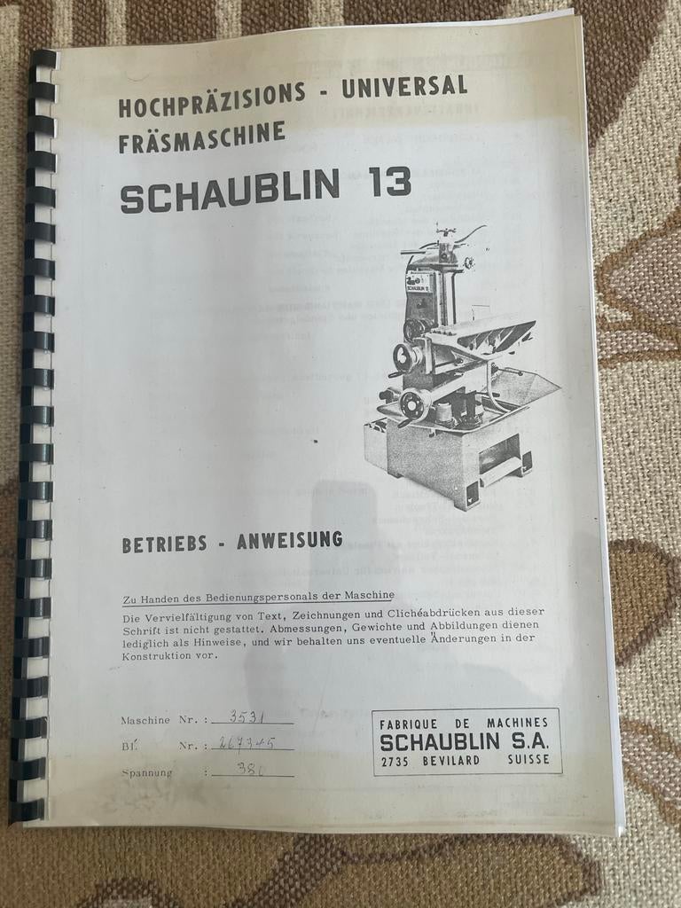 Schaublin 13 Freesmachine Service Boek - Handleiding, Ophalen of Verzenden