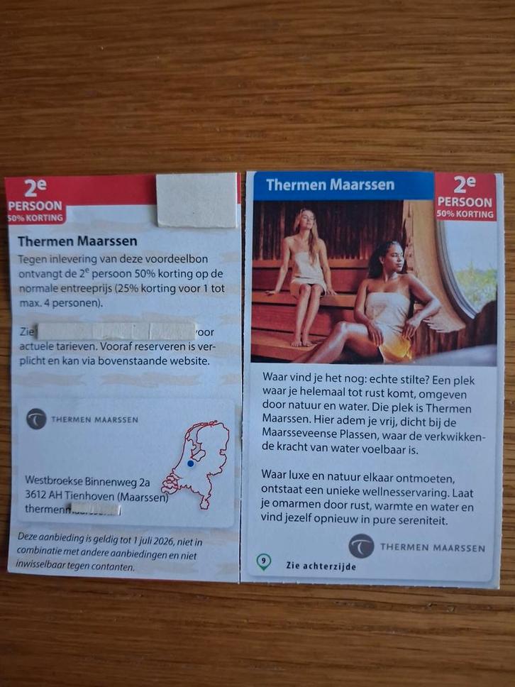 SAUNA THERMEN MAARSSEN 2E PERSOON 50% KORTING!, Tickets en Kaartjes, Kortingen en Cadeaubonnen, Twee personen, Spa of Sauna, Kortingsbon