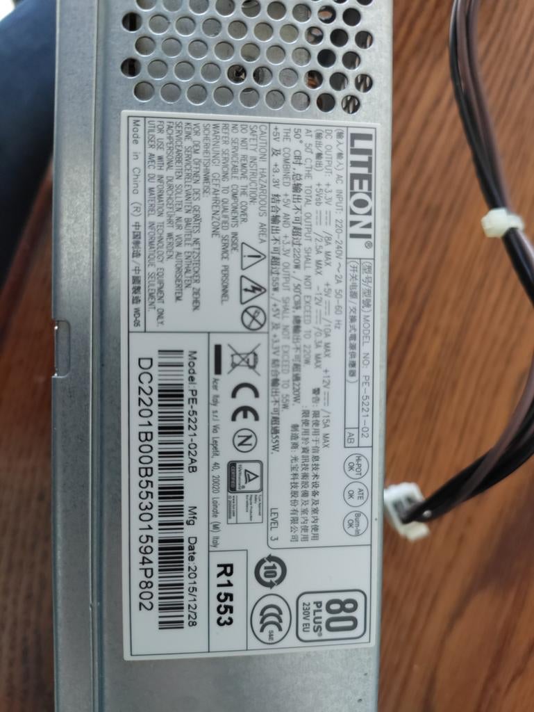 LITEON PE-5221-02AB PC Voeding 220W, Computers en Software, Interne voedingen, Ophalen of Verzenden