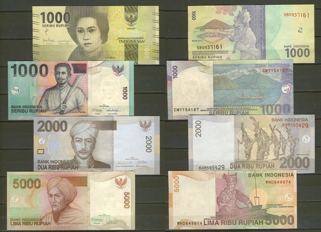 Indonesië 2x1000 + 2000 + 5000 Rupiah 100% UNC Biljet r-22, Postzegels en Munten, Bankbiljetten | Azië, Ophalen of Verzenden, Zuidoost-Azië