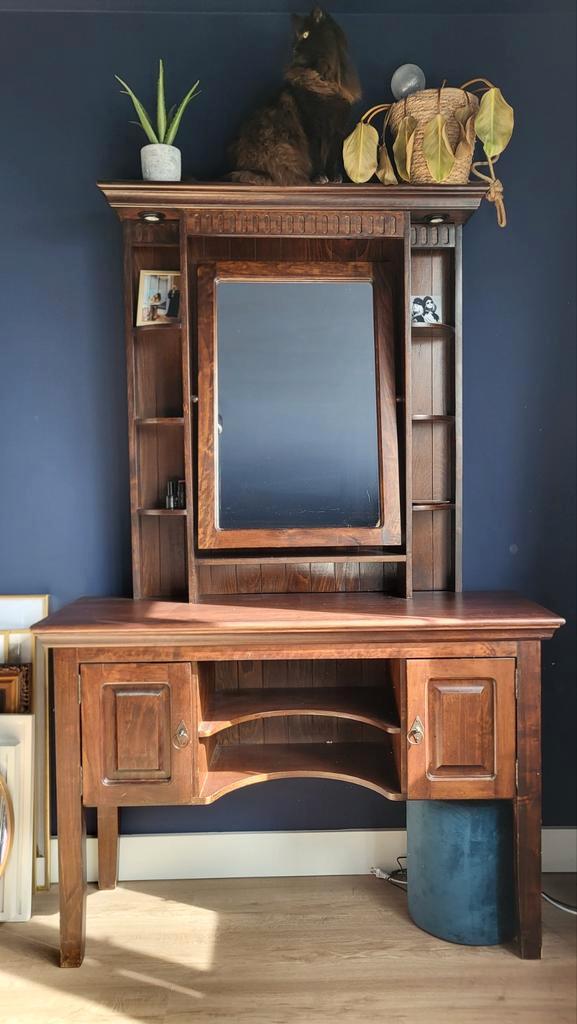 Retro houten kaptafel met verstelbare spiegel, Huis en Inrichting, Tafels | Kaptafels, Gebruikt, Minder dan 100 cm, 50 tot 100 cm